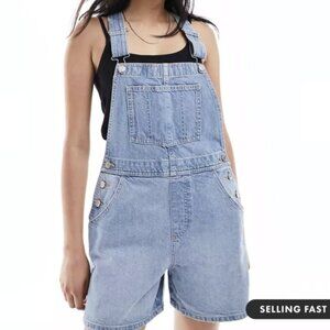 ASOS DESIGN short denim overalls in mid blue